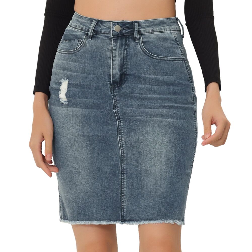 High Waist Ripped Hem Denim Skirt, Small, 6C-205B002